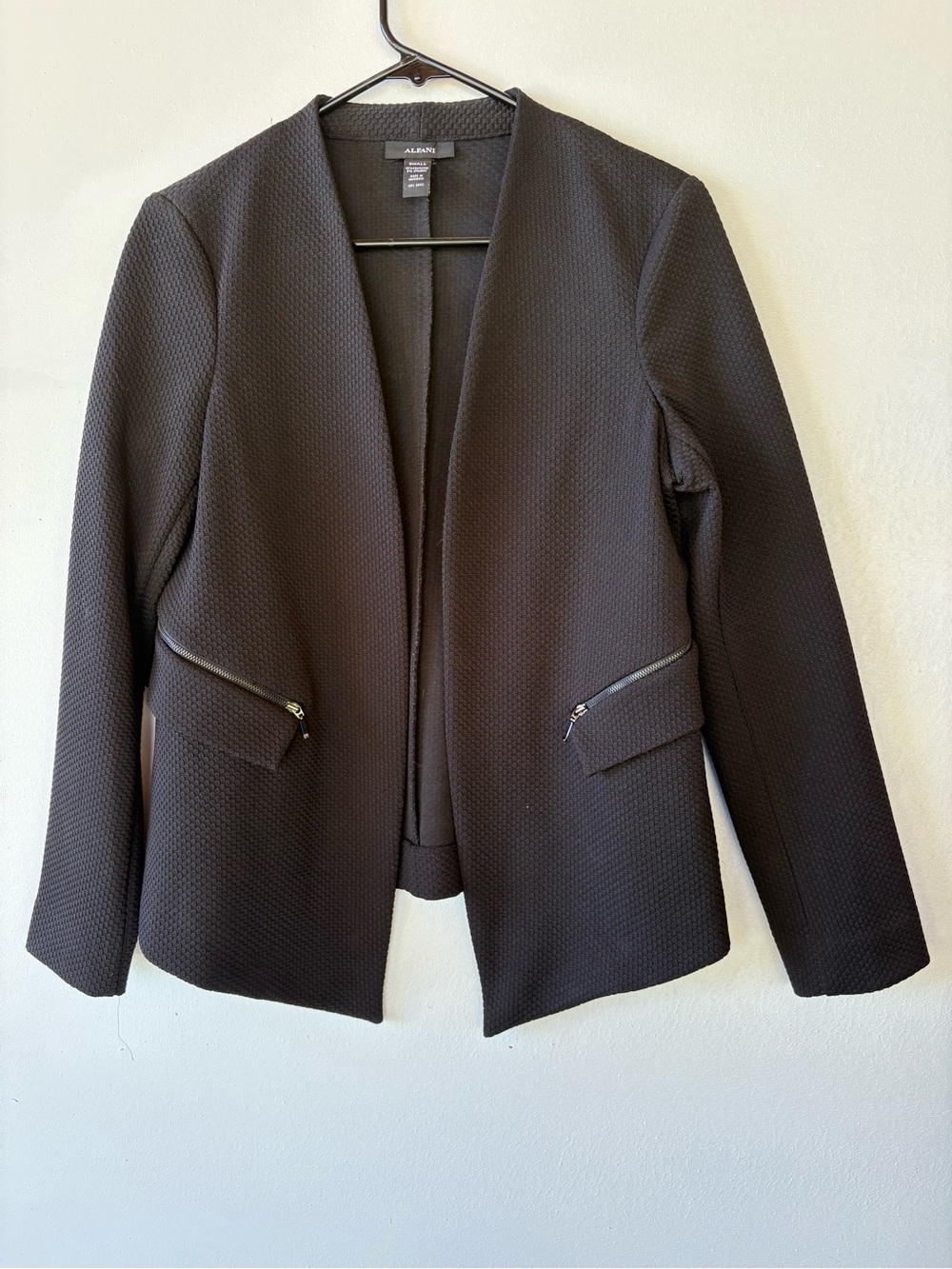 Alfani Black Textured Open-Front Blazer with Zip-Accent Pockets